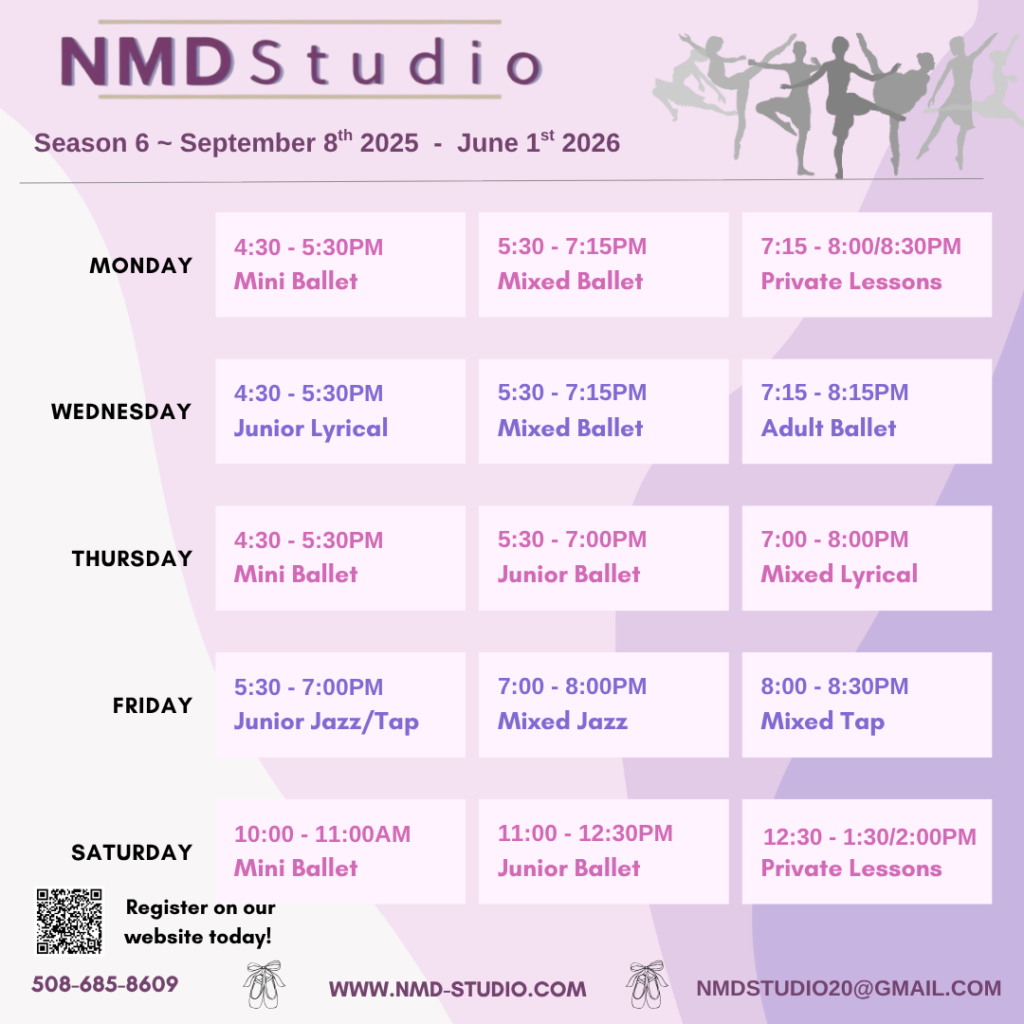 2025/2026 class schedule for NMD Dance Studio in Harwich, offering ballet, jazz, tap, and lyrical dance classes for all ages!
